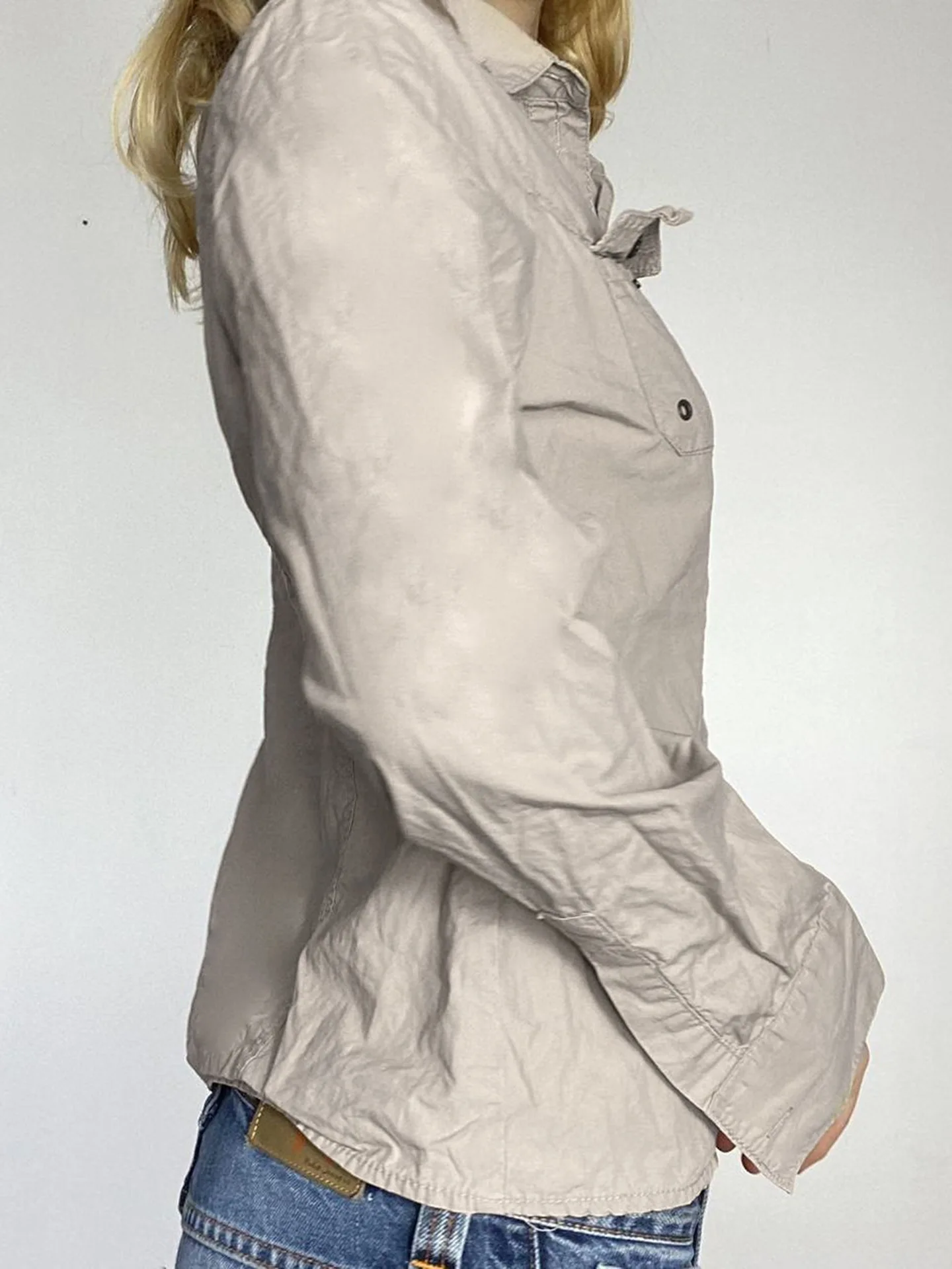 Workwear สไตล์การออกแบบกระเป๋า Splicing เอว cinching slimming อารมณ์สบายๆเผ็ดสาวเสื้อแขนยาว