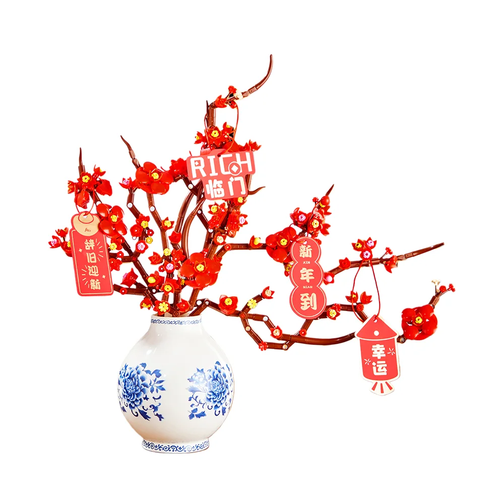 1181PCS Plum Blossom Holly Flower Vase MOC Building Blocks Small Particle DIY Botanical Model STEM Toy Girls Birthday Gift