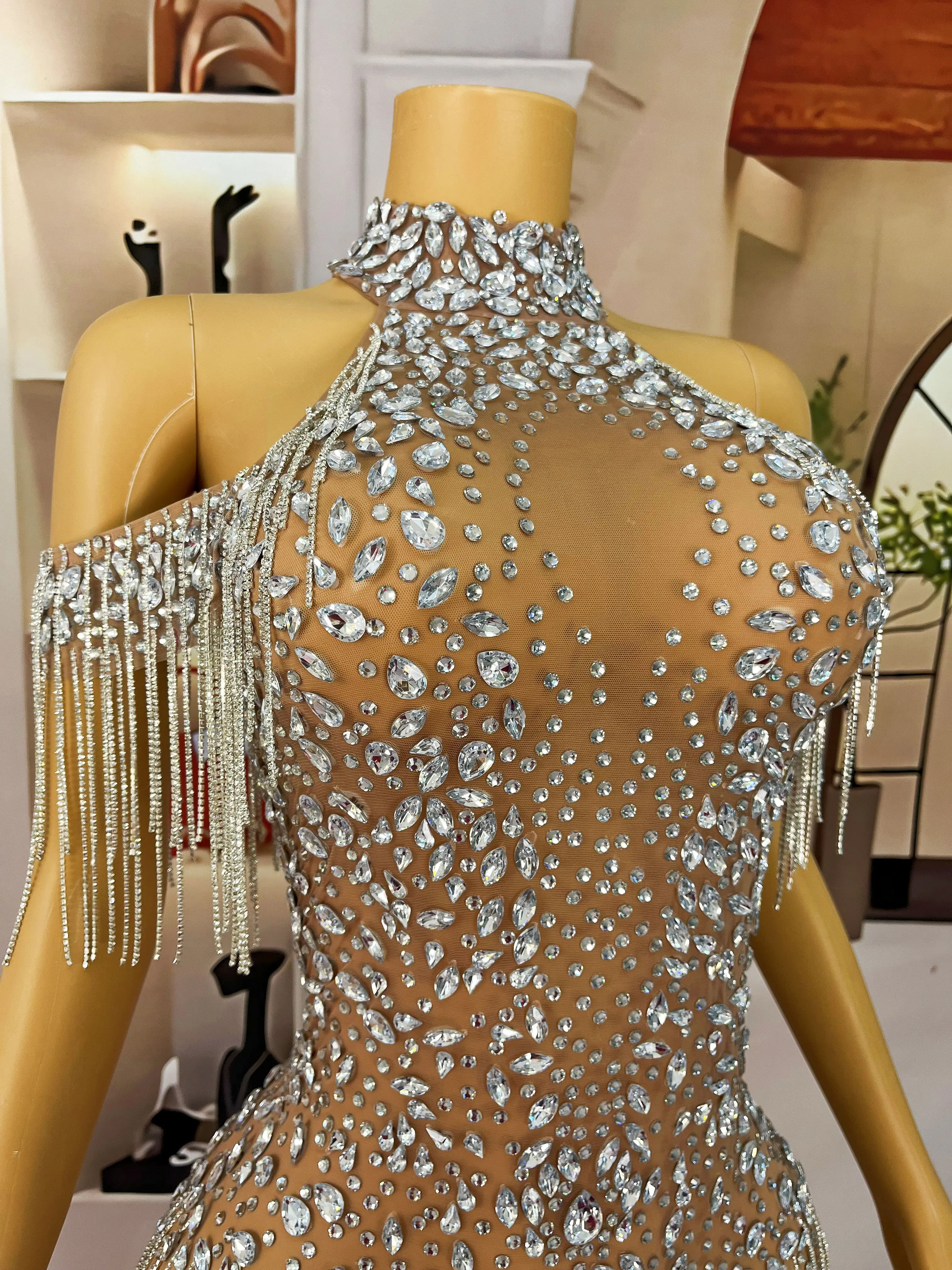 Costume de spectacle pour filles, tenue de fête de luxe, strass brillants, chaîne de cristaux, épaules dénudées, fourchettes hautes, pour femmes, fête, chanteur, danse