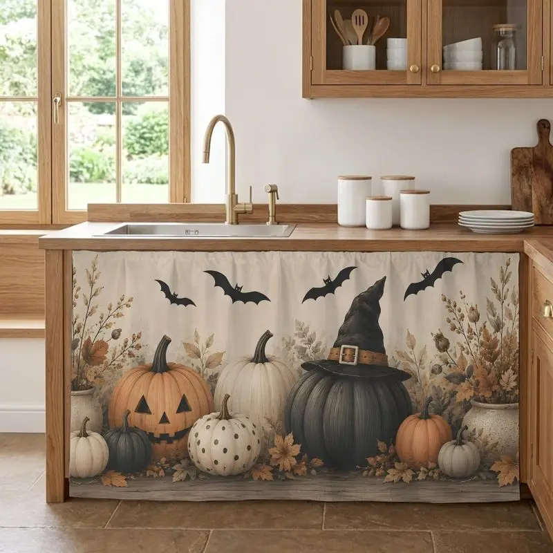 VIKAMA Halloween Pumpkin Witch Hat Self Adhesive Cabinet Curtain No Drill Sink Skirt Under Sink Cover Kitchen Holiday Decor