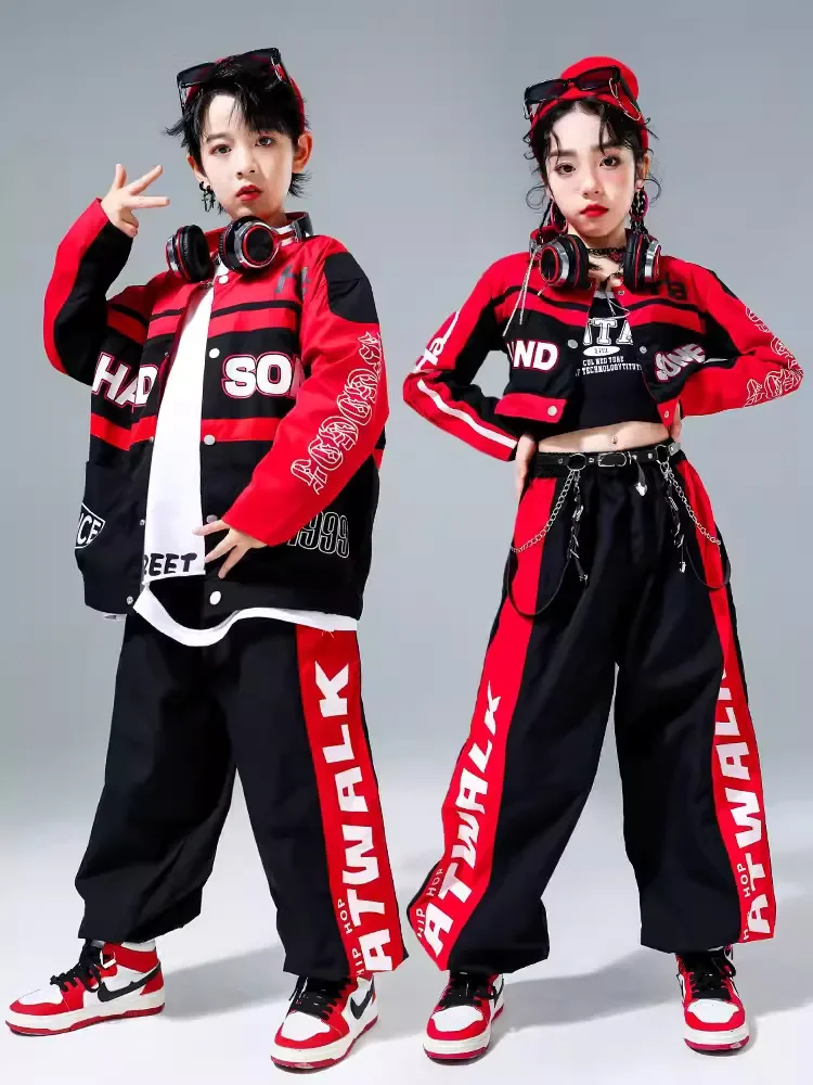 

Girl Boy Jazz Dance Costume Clothes Kid Hip Hop Clothing Red Motorcycle Long Shirt Crop Jacket Top Black Casual Jogger Pants