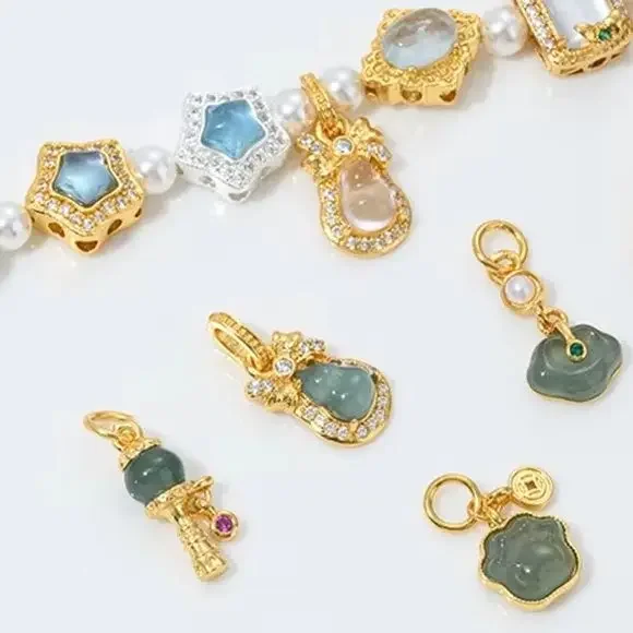 Natural Crystal Aquamarine Porous Beads Inlaid Jadeite Water Foam Jade Ruyi Gourd Pendant for DIY Jewelry Accessories