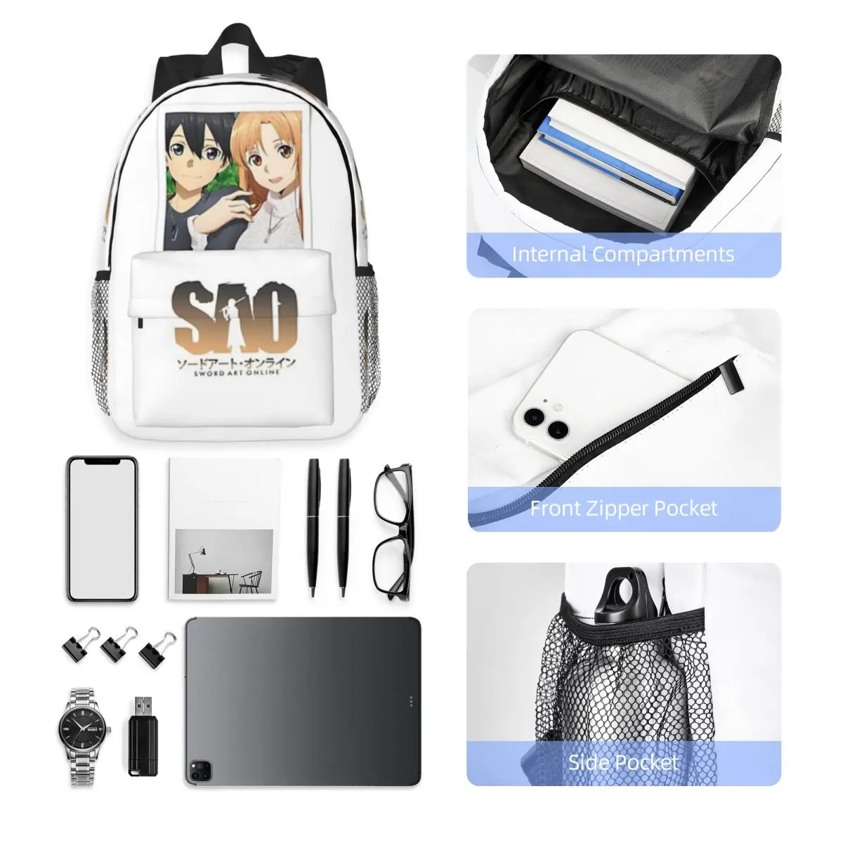 Tas sekolah ringan motif Kirito dan Asuna SAO untuk sekolah, luar ruangan, belanja, kantor 15 inci