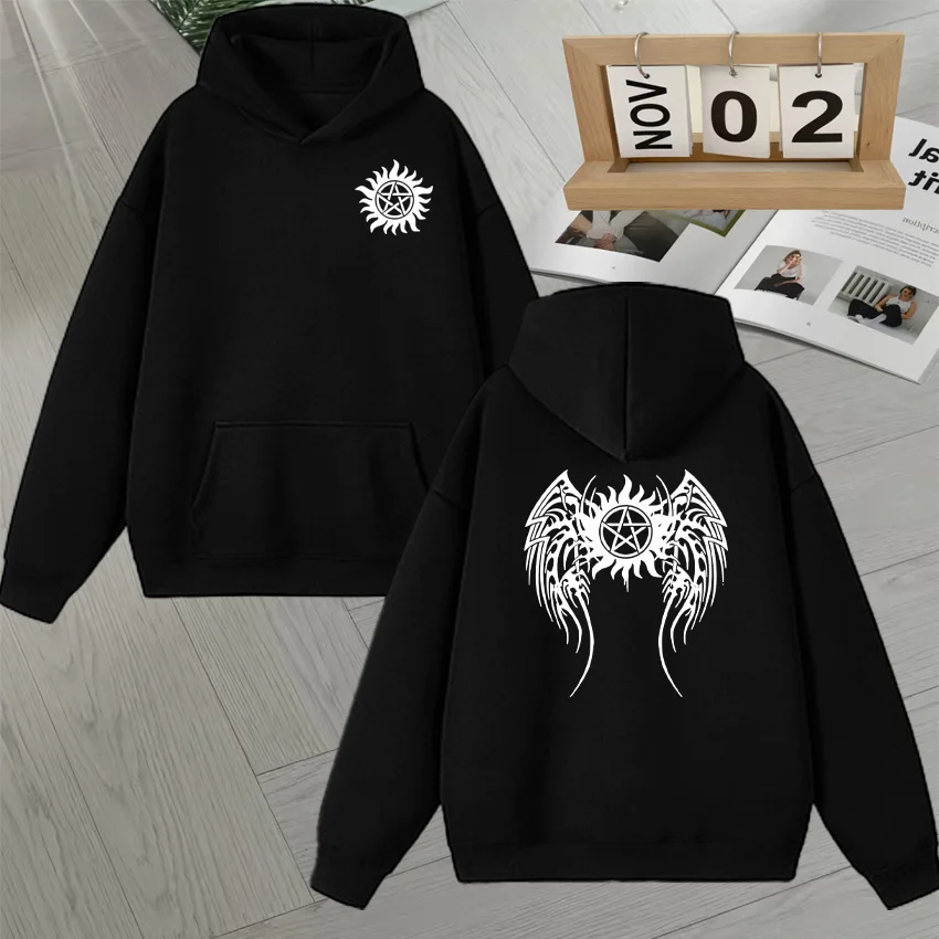 

2025 Supernatural Crow Wings Double Sided Printed Sweatshirt Long sleeve Unisex Loose Autumn Winter Streetwear Men Women Hoodie
