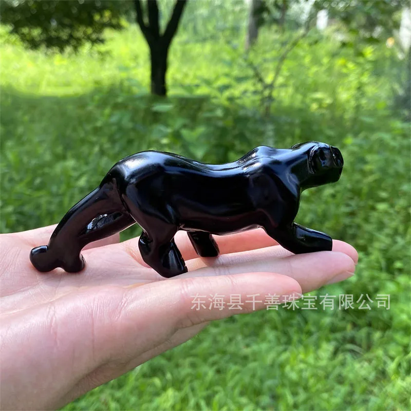 Natural Black Obsidian Quartz Crystal Rock Leoparad Figurine Healing Reiki Chakra Semi Precious Gemstone Aniaml Statue Ornament