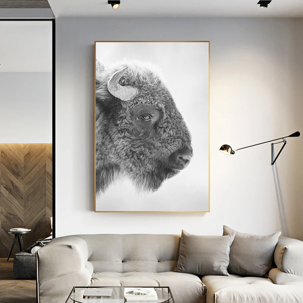 Southwestern Animal Bison Photo Modern Wall Art Canvas Print Poster Black White Picture For Gift Living Room Home Decor Cuadros