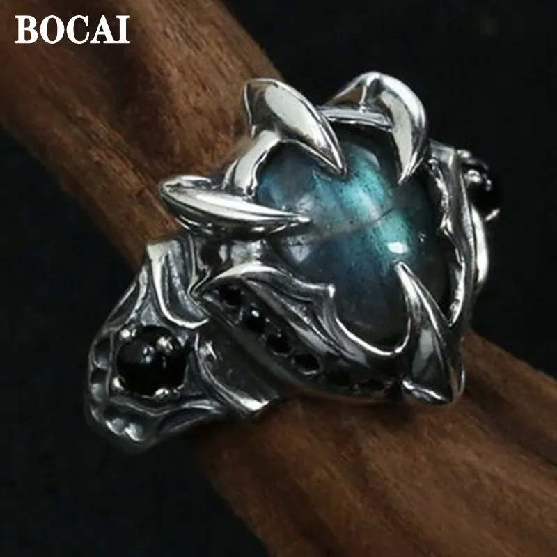 BOCAI New 925 Silver Labradorite Natural Stone Trendy Animal Claw Index Finger Ring For Man Retro Punk Mighty Adjustable Siz