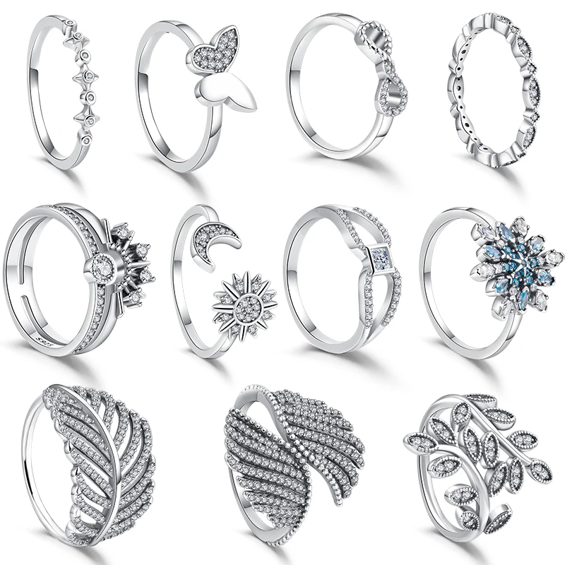 

Authentic 100% 925 Sterling Silver Rings Sparkling For Women Celestial Sun&Moon Leaves Snowflake Rings Fine Jewelry Wedding