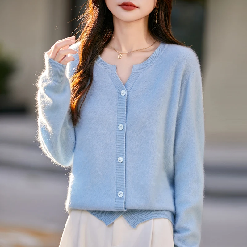 

2025 Fashion Women's Clothes 35% Cashmere 65% Merino Wool V-neck Cardigan Spring and Autumn New Wool Long Sleeve Sweater Coat