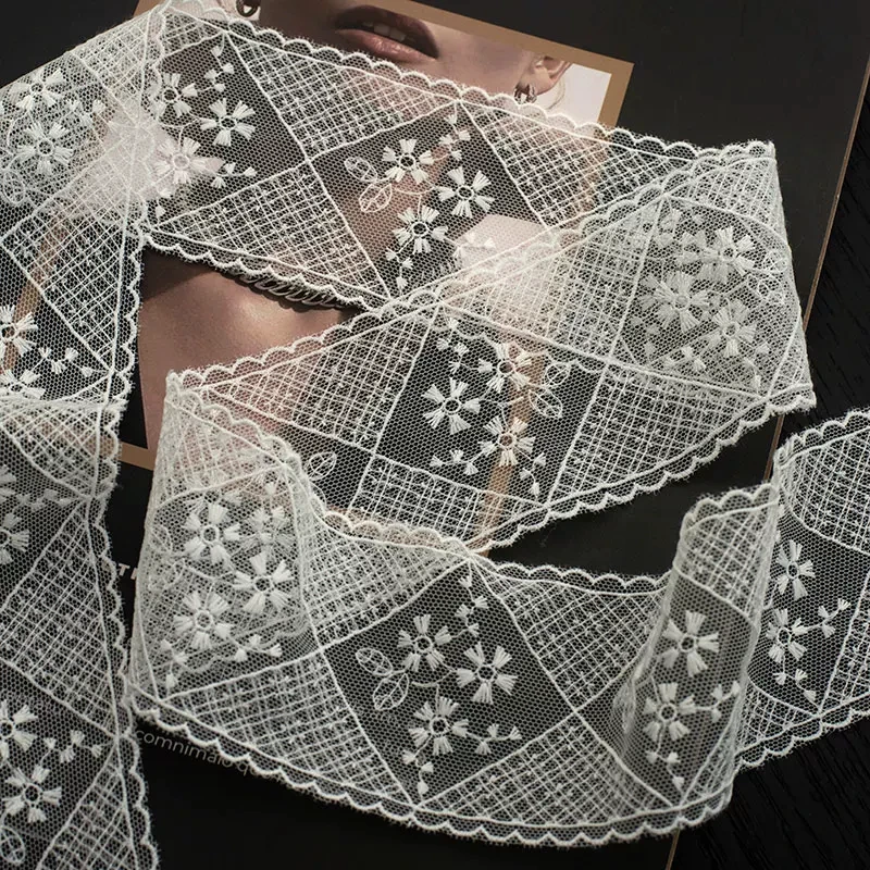 3 Yards x 6cm Wide, White Floral Grid Lace Trim, Scalloped Tulle Ribbon for DIY Sewing