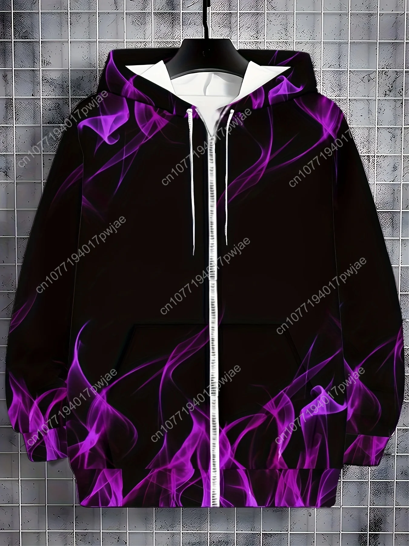 Moletom masculino com capuz roxo padrão de fumaça com zíper de manga comprida, jaqueta casual de outono inverno ao ar livre com cordão e bolsos