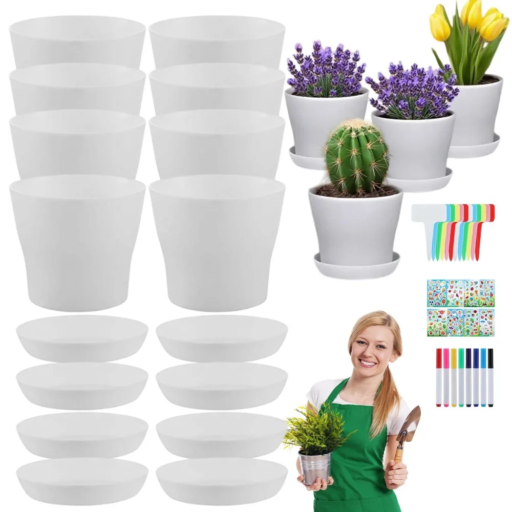 Kit de 12 pots de fleurs peints pour enfants, ensemble d'art de jardinage DIY avec stylos de peinture et autocollants, favorise la créativité, la patience et la motricité fine, décoration de printemps, cadeau d'anniversaire pour garçons et filles