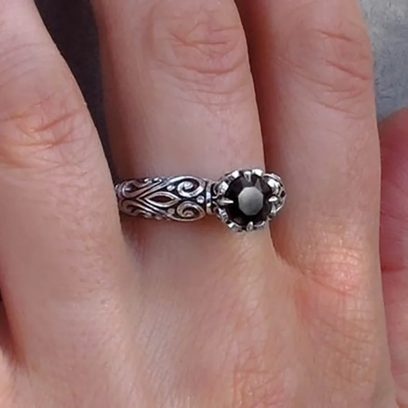 Vintage Black Crystal Flower Lines Pattern Ring For Men Jewelry Adjustable New Arrival S925 Ring Male Index Finger Accessories