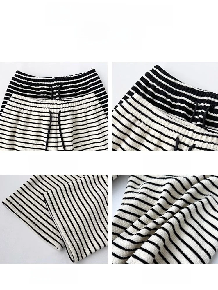 Cintura alta drapeado malha fce forrado calças de perna larga listrado calças casuais para mulheres teana neve coreano sle calças compridas