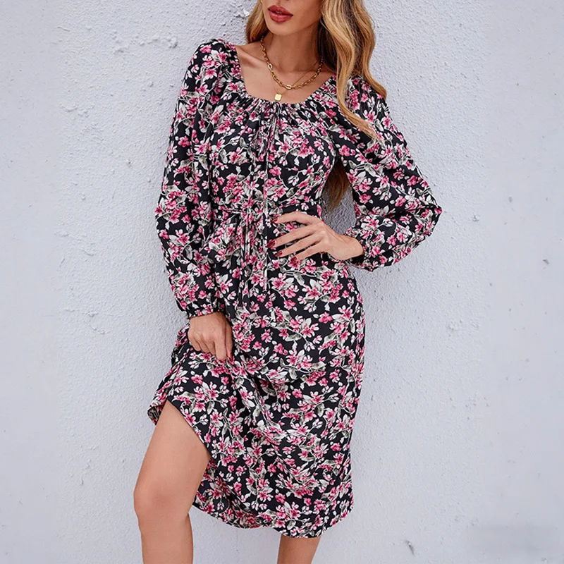 

Women's dress summer new elegant casual vacation style flower print square collar lace up design high waisted A-line long dress