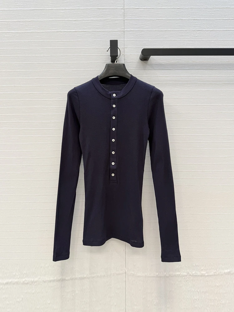 Spring Summer Fashion Navy Blue Vintage Slim Cotton Knitting T-Shirts Women's Henley Collar Button Long Sleeve Casual Tops