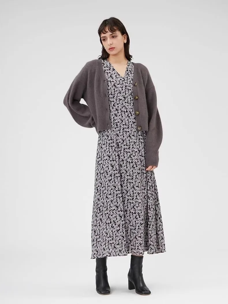 

Faionable Floral Print Dr Star Home Fry D 23 Bubble Sve V Ne High Waist a Line Long Skirt Commute Sle Women's Clo...