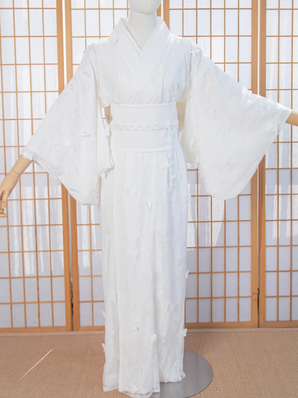 Women Japanese Traditional Kimono White Lace Double Layer Yukata Halloween Costume Photography Dress