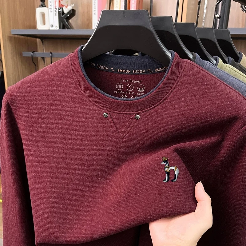Designer-Marken-T-Shirt für Herren, neu, Herbst, einfarbig, langärmelig, O-Ausschnitt, Basic-Pullover, stylisch, vielseitig, Herrenbekleidung – Detail 4