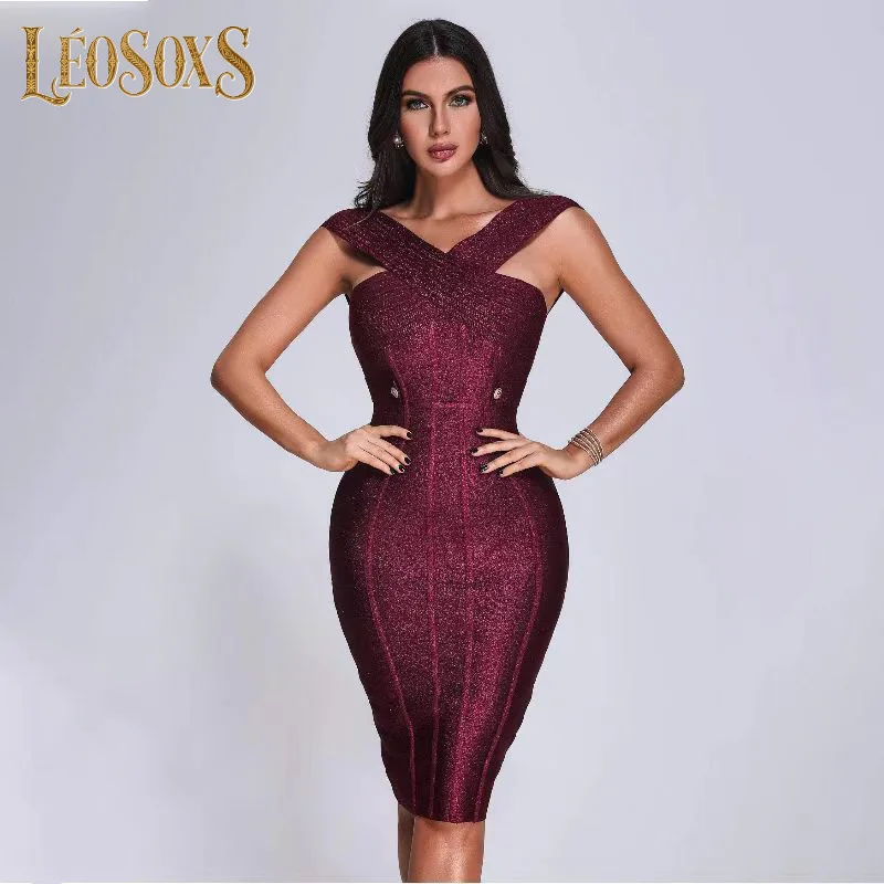

LEOSOXS женское элегантное бандажное платье с перекрестными плечами и облегающим кроем для ультра-гламурных коктейльных мероприятий 2025