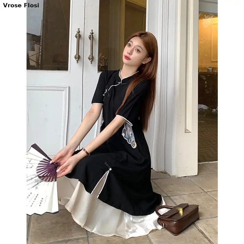 2023 Chinese Improved Hanfu Cheongsam Dress Women A Line Qipao New Fashion Style Short Sleeve Casual Daily Lady Cheongsam Dress