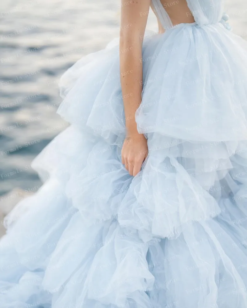 Elegant Light Blue Tulle Ball Gown Layered Evening Dresses With Long Train Deep V-neck Woman Clothes Custom Made Prom Gown