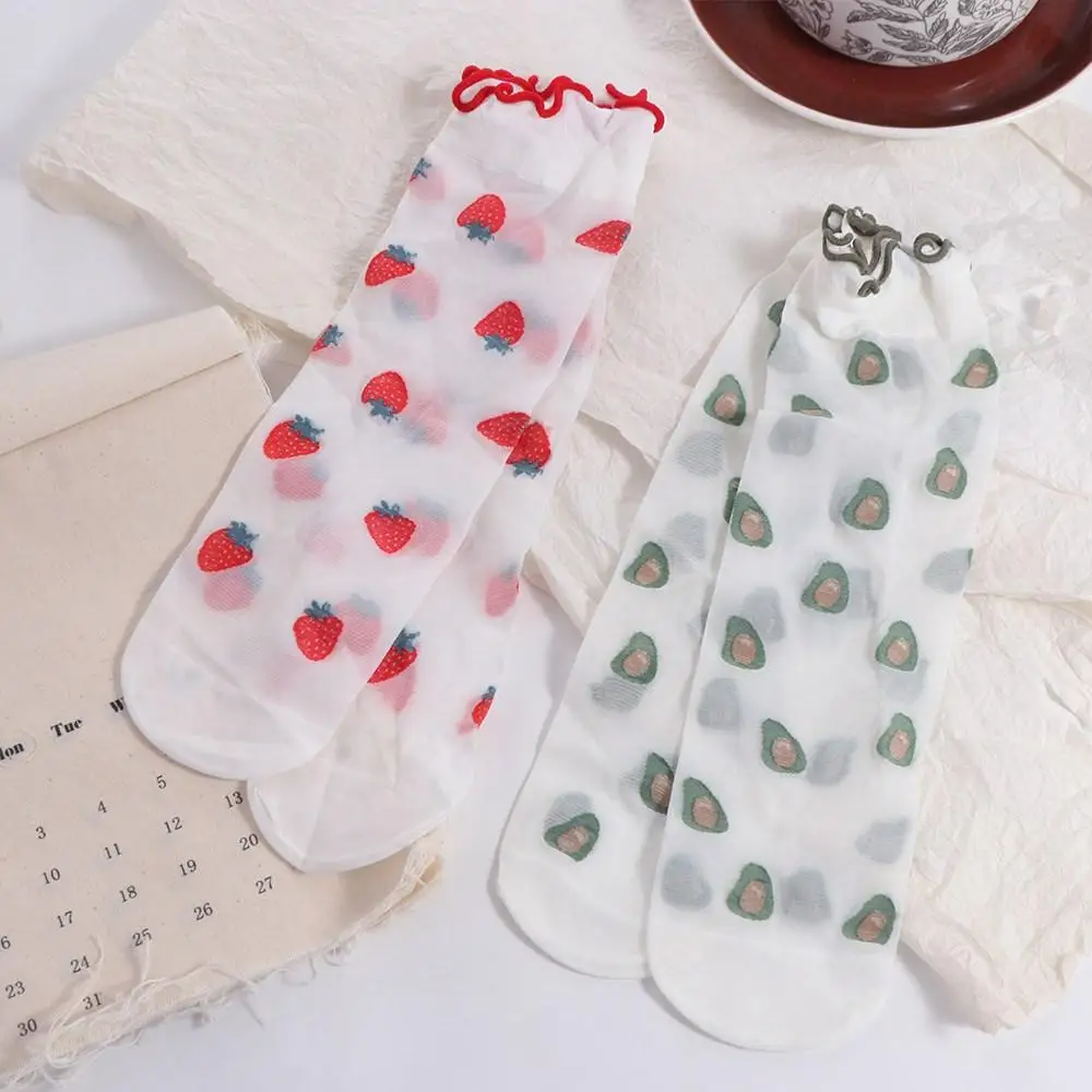 Peach Strawberry Glass Silk Ruffle Socks Avocado Ultra Thin Transparent Flower Ruffle Socks Cherry Ins