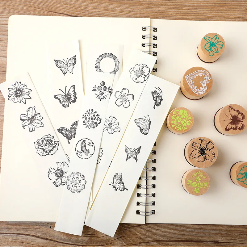 Creative Wooden Cylindrical Stamp Set Petal Lace Butterfly Diary Album DIY Handbook Stamp 3 Options Wooden Assorted Stamp