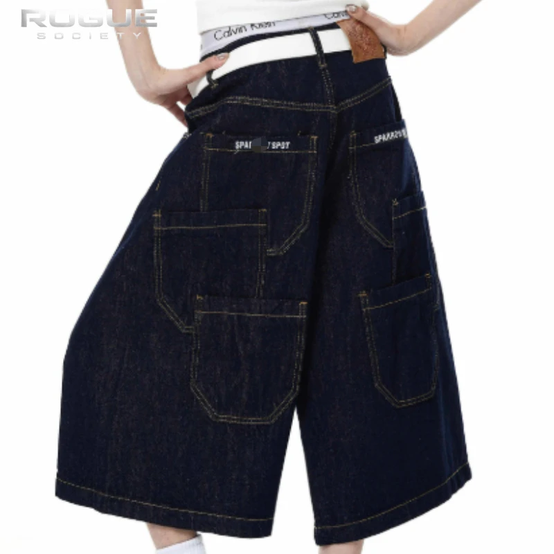 American Vintage Multi Pocket Denim Shorts Men Baggy Wide Streetwear Wash Jorts Y2K Harajuku Cargo Casual Summer Jeans Unisex
