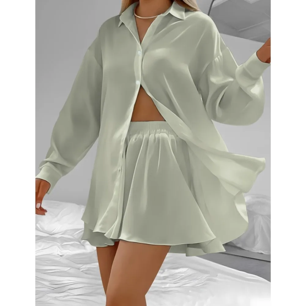 

Women's Fashion White Long-sleeved Shirt And Shorts 2-piece Set Summer New Casual Loose Short Pants Skirts For Women's Home Wear