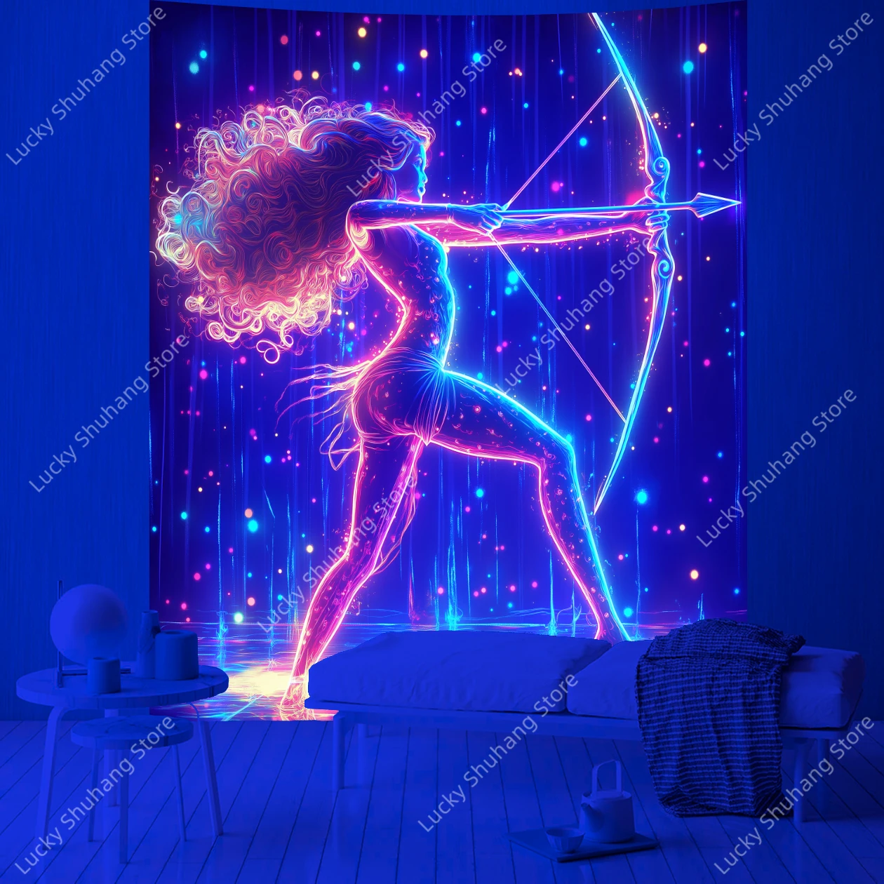 Neon Archer Wall UV Tapestry Cosmic Starry Bohemian Home Dormitory Decor Rainbow Holographic Flowing Hair Modern Abstract Art​