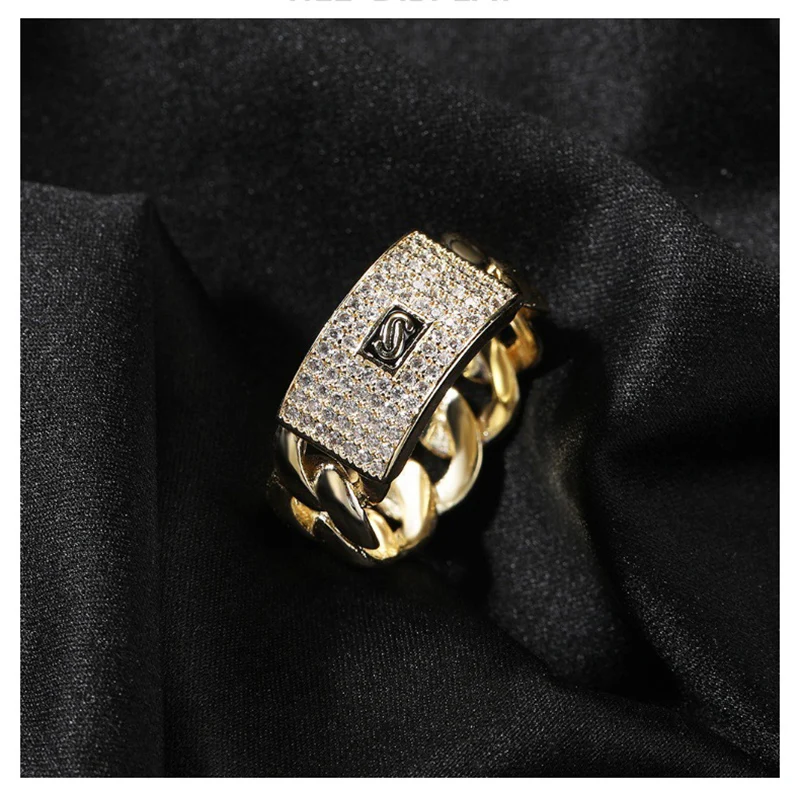 Hip Hop Rapper 5A+ CZ Stone Paved Bling Ice Out Cuban Chain Logo Finger Rings for Men Jewelry Gold Color Drop Shipping