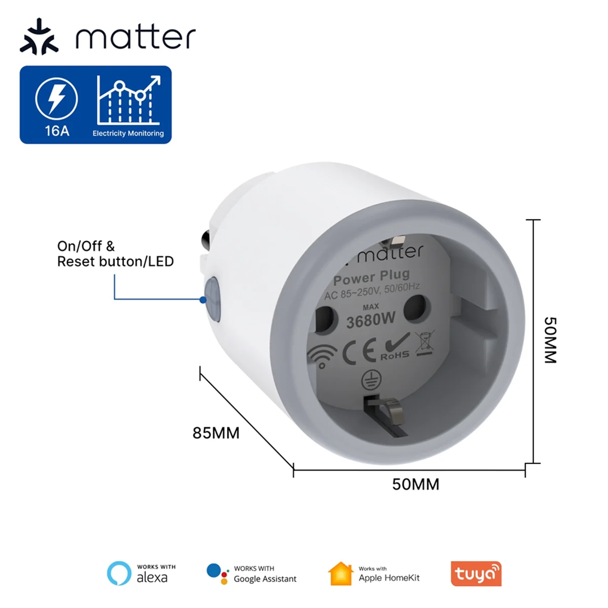 A56XA 2Pcs 16A Smart Plug Matter Wi-Fi Socket with Energy Monitor Function Work with for Homekit Google Home Alexa EU Plug