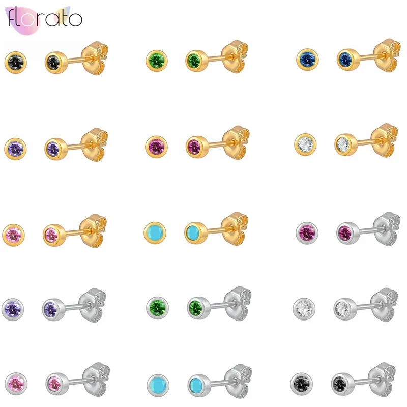 925 Sterling Silver Needle Minimalist Colorful Round Mini Stud Earrings for Women 8 Color Crystal Piercing Earrings 2023 Jewelry