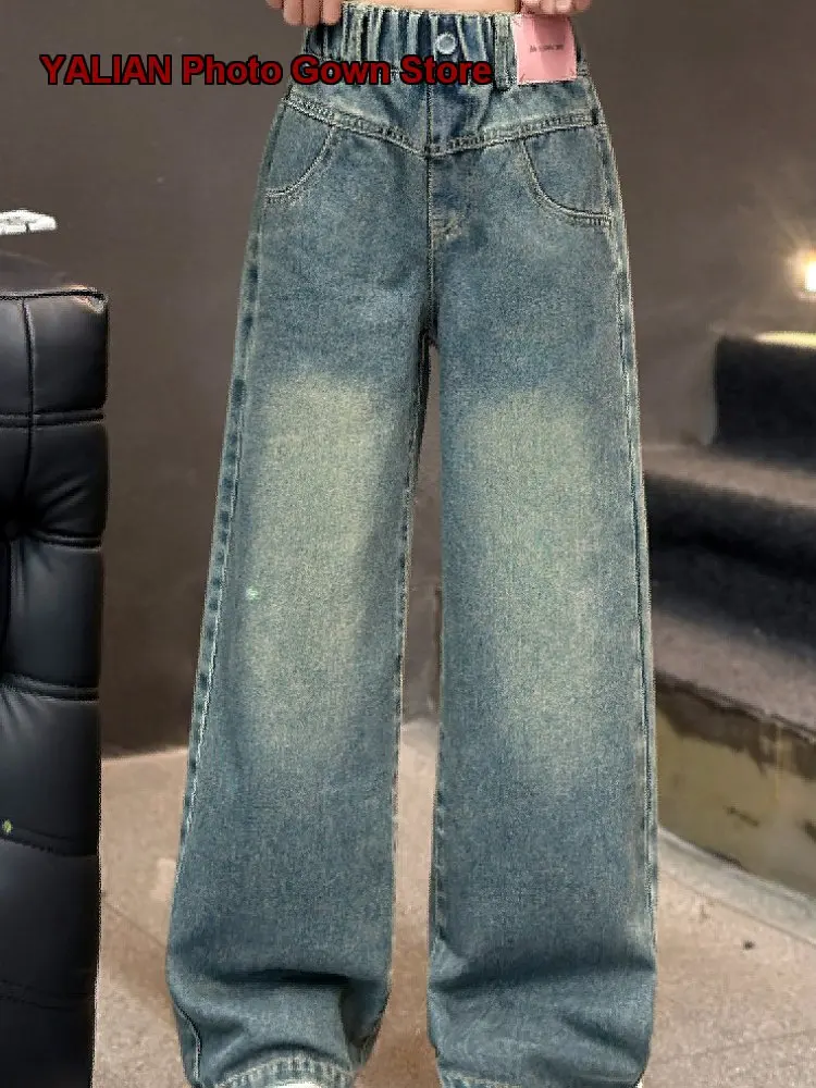 Girls Denim Wide Leg Pants Spring Autumn Casual Thin Breathable Solid Color Older Kids