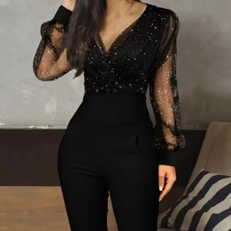 2024 Spring Summer New Women\'s Clothing Solid Color V-neck Mesh Slim Fit Long Sleeve One-Piece Playsuit Jumpsuit