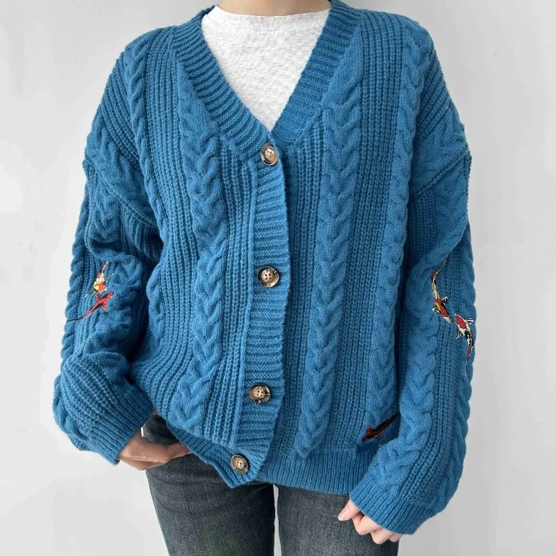 Blue Koi Cardigan Women Winter Vintage V-neck Knitwear Women Thick High-quality Comfortable Soft Loose Embroidered Sweater Fall