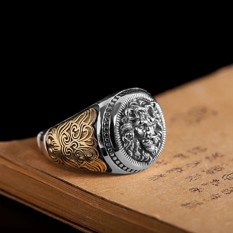 BOCAI New S925 Silver Jewelry Retro Punk Style Gold Ivy Pattern Trendy Lion Man's Ring Personalized Birthday Gift Wholesale