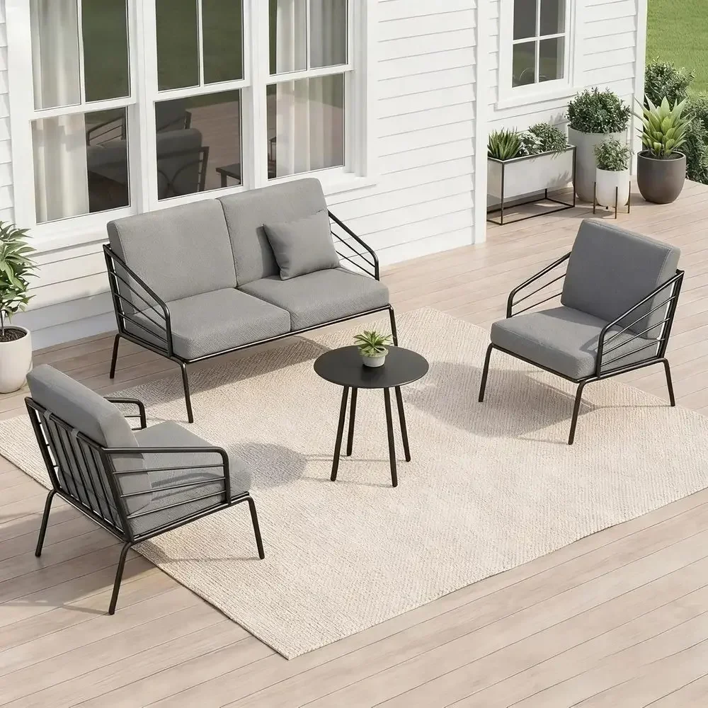 4-Piece Outdoor Patio Furniture Set with 4.9 Thick Cushions, Metal Construction, Includes Coffee Table, Loveseat, and 2 Chairs -