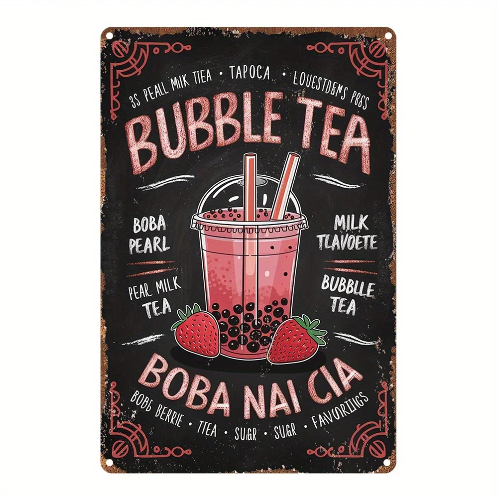 Vintage Bubble Tea Aluminum Wall Art Sign -  Retro Chalkboard Decor with Boba, Milk, Tapioca Pearls & Flavors - Perfect for H