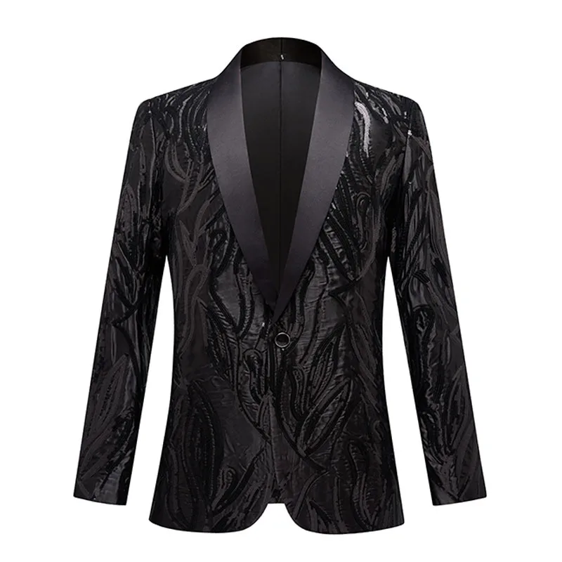 Fashion Black Sequins Shawl Lapel Slim Fit Suit Jacket Male Singer Concert Party Glitter Blazer Evening Party Tuxedo Costume