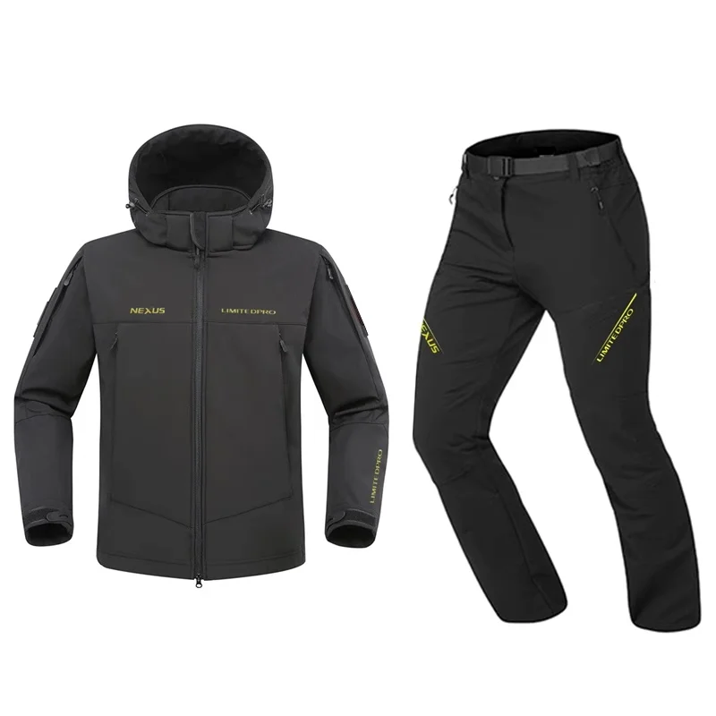 New Autumn and Winter Windproof Fishing Suit for Men Fleece Liner Fishing Jacket and Pants 2pcs Warm Clothes Set