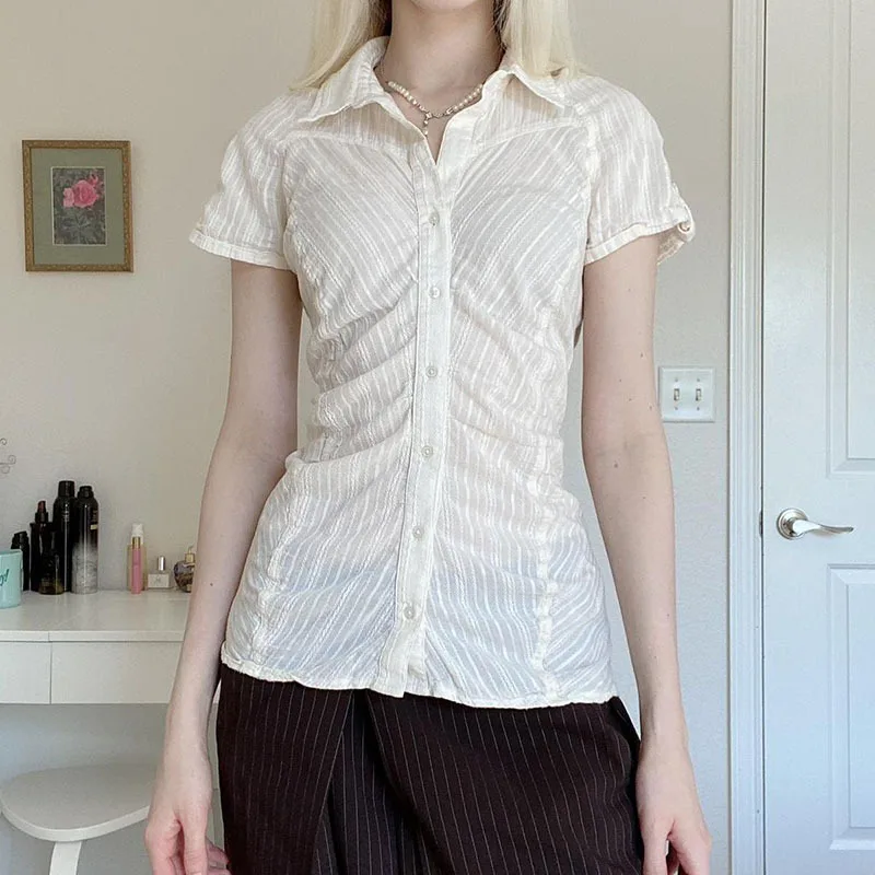 Cute White Collared Short Sleeve Top for Women Breathable Textured Fabric with Front Buttons Slim Silhouette Perfect for Office