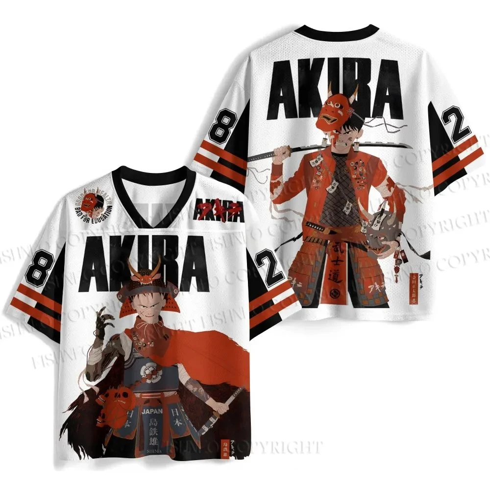 2026 Men's Oversized AKIRA Anime Mesh Jersey T-shirt, Retro Kaneda & Red Bike Print, Casual Streetwear V-Neck Short Sleeve Top