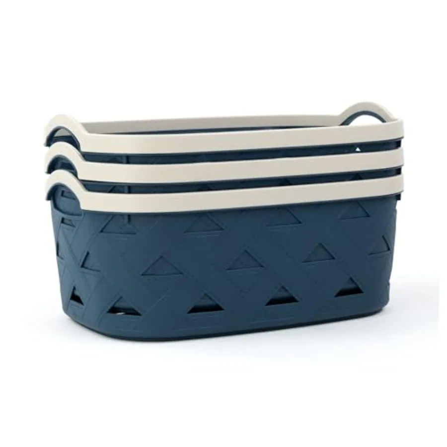 

Plastic Storage Basket Set of 3 Blue and Cream Decorative Bins with Handles for Bathroom Kitchen or Living Room Designer Leathe