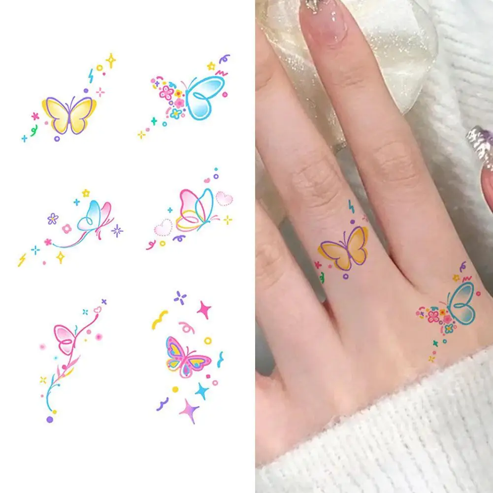 Small Pattern Simple Butterfly Flower Color Tattoo Stick Girl Arm Fingers Hand Back Waterproof Lasting Anti-rub Lasting