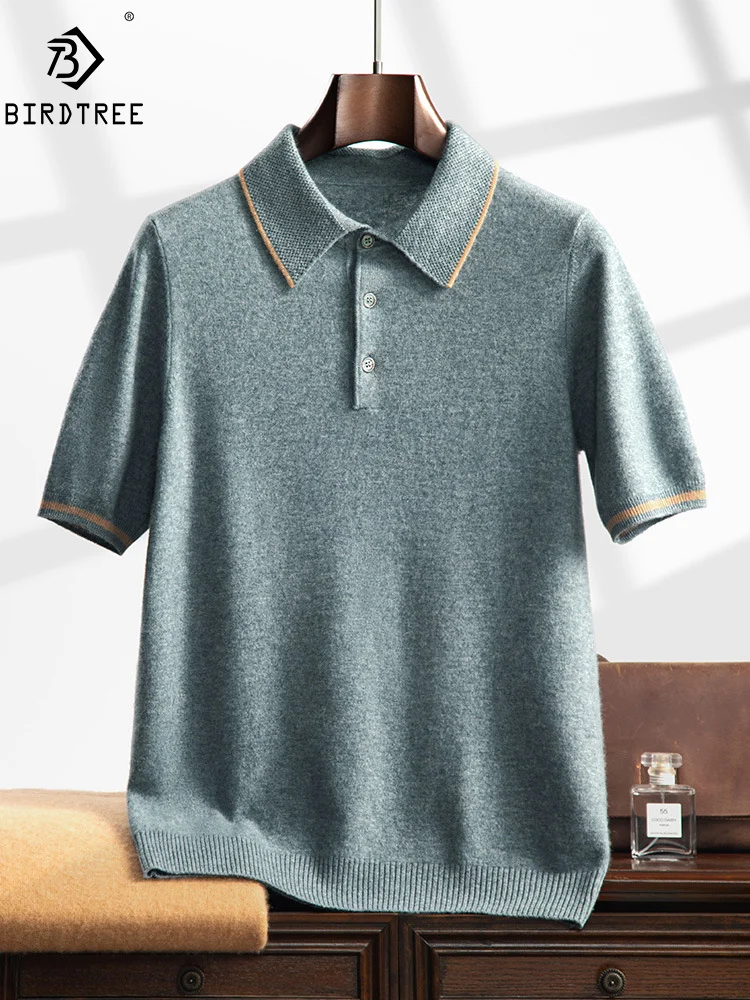 

BirdTree, Cashmere Wool Blended Polo Shirt, Men's Solid Short Sleeve, Soft High Quality Sweaters, 2024 Autumn Winter T47957QM