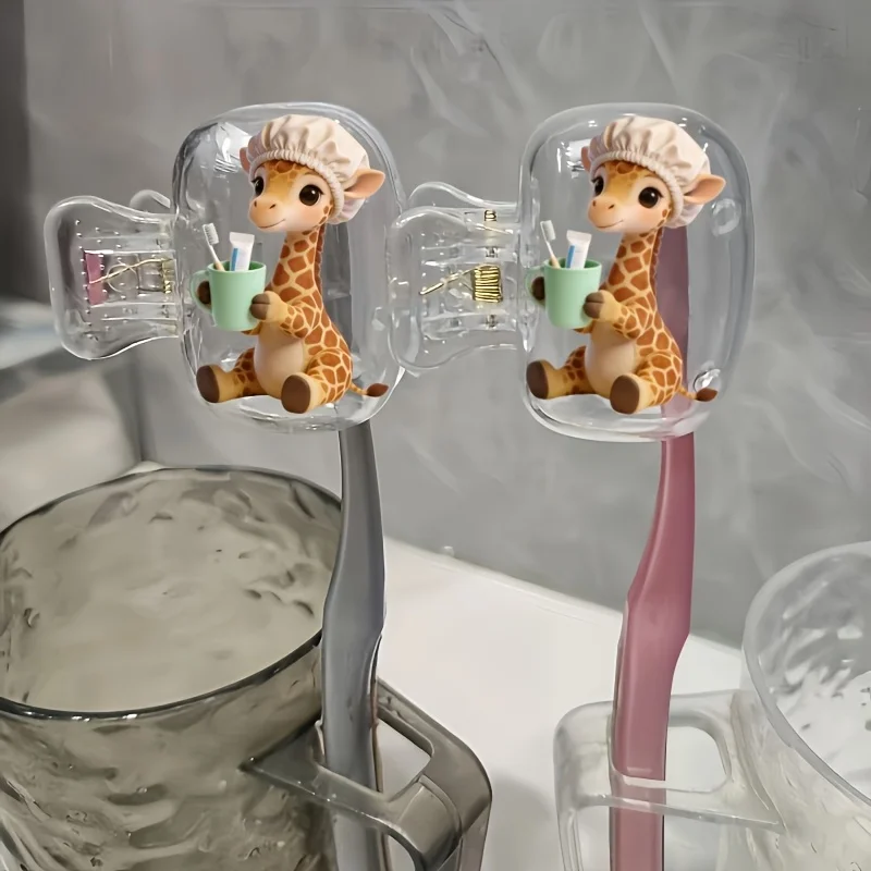 2pcs Cute Giraffe Wearing a Shower Cap Portable Toothbrush Head Cover Bathroom Accessory Business Travel Daily Use Outdoor Trips