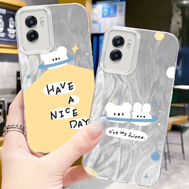 White Rabbit Lucky Friend For OPPO A79 A78 A58 A38 A16 A60 A53 A92 A72 A52 A74 A55 A54 A94 5G Feather Yarn Back Phone Case