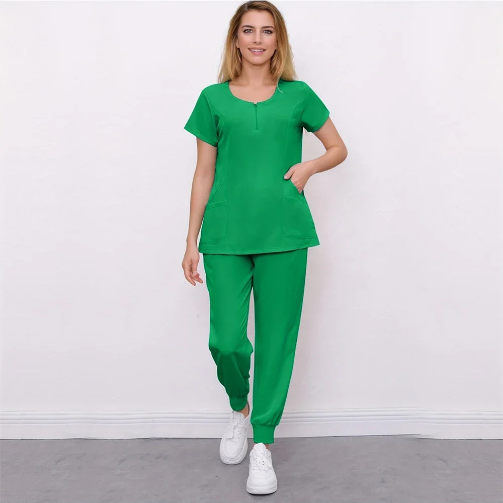 Operating Room Nurse Surgery Round Neck Leisure Suit Stretch Zipper Pet Beauty Salon Clinic Scrub Medica Short-sleeved Uniforms